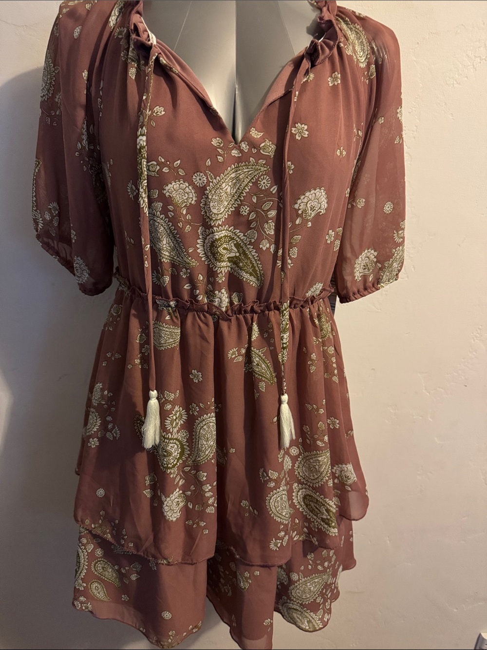 bailey blue Mauve Paisley Tiered Mini Dress with Tassel Ties